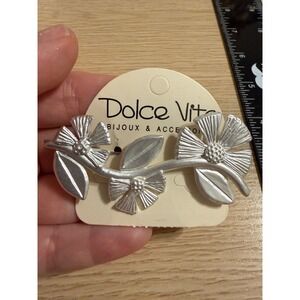 Dolce Vita Paris Silver Floral Branch Brooch Matte Textured Flower Leaf Pin NEW